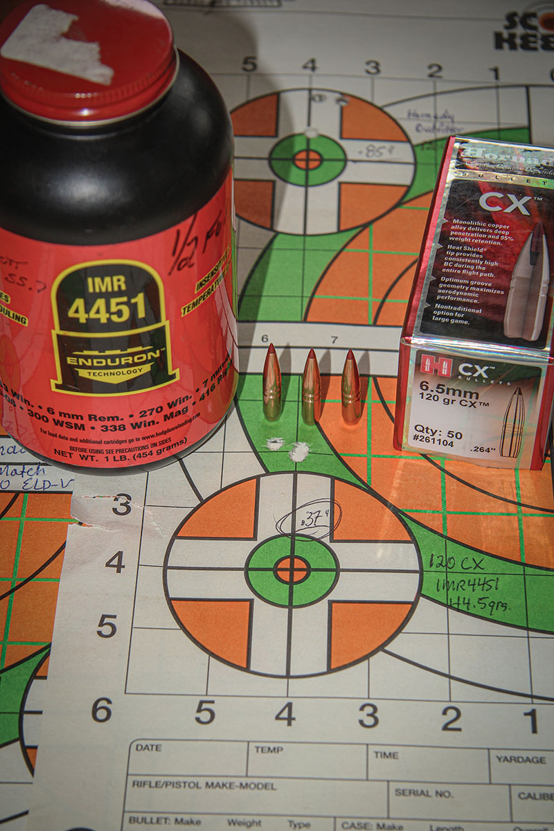 Hornady’s 120-grain CX bullet seated over a maximum load of 44.5 grains of IMR-4451 sent three shots into a .37-inch group at 100 yards, with an impressive muzzle velocity of 3,040 fps.
